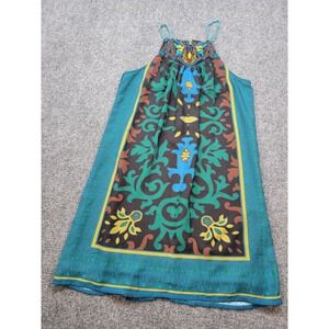 One September Anthropologie Teal Beaded Halter Mini Dress Scarf Print XS A64048